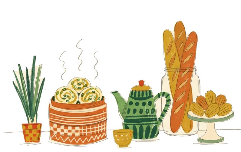 蒸籠裡的花捲、茶壺、法棍和瑪德蓮的插圖