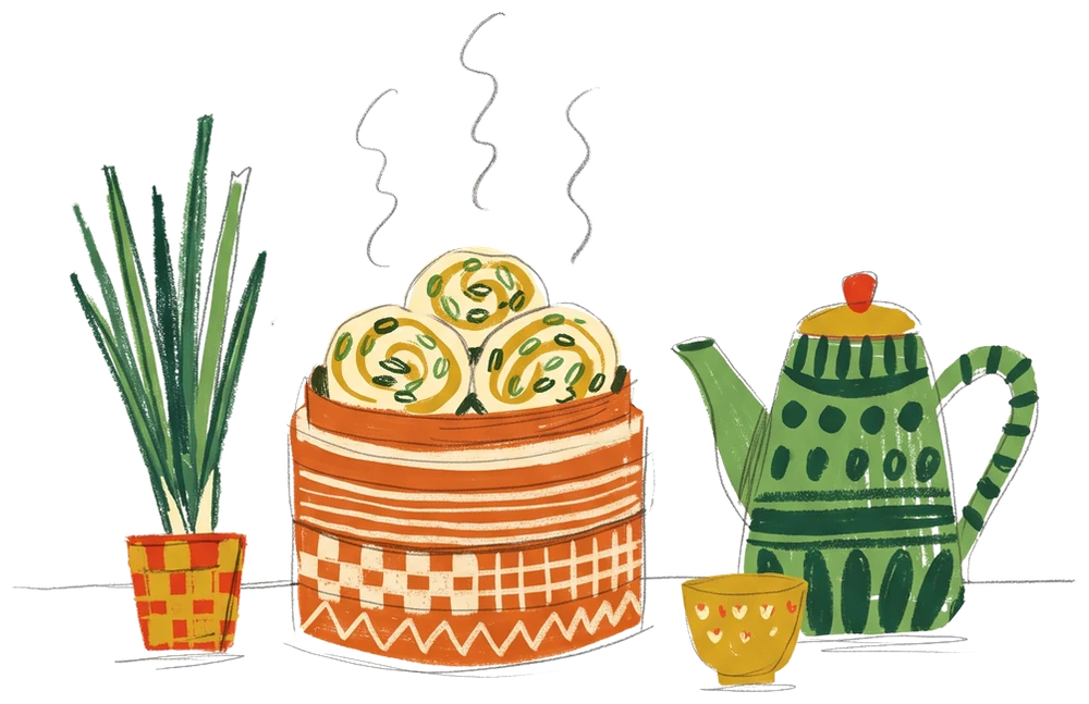 蒸籠、茶壺和蔥的插圖